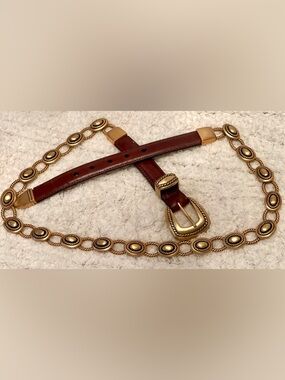 Brighton Belt 37419 Brass Goldtone Brown Leather Ornate VTG 1995 Rare Sz M/L 34”
